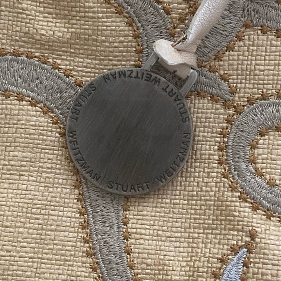 Stuart Weitzman Woven Fabric Leather Hobo Bag Cream Tan Sky Blue Tote Bag Charm - Picture 11 of 12